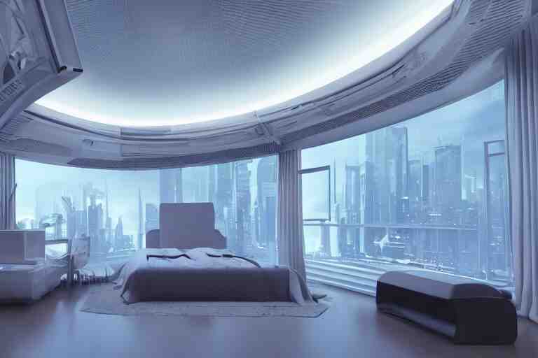 a futuristic luxury white bedroom with curved ceiling high windows looking out to a far future cyberpunk cityscape with many flying cars, night time, neon lights, cinematic 3d render, unreal engine 5, cgsociety