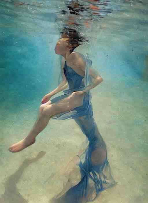 girl in a long dress swimming underwater, caustics, surreal underwater photography, oil painting by Boldini