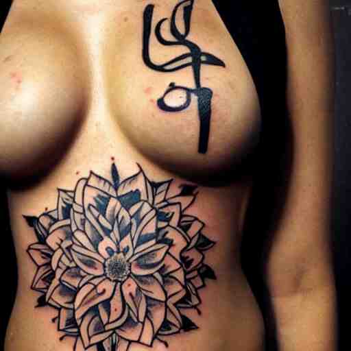 a tattoo written in text [ [ [ sanskar ] ] ] on chest of beautiful women by famous tattoo artist black and white 8 k 