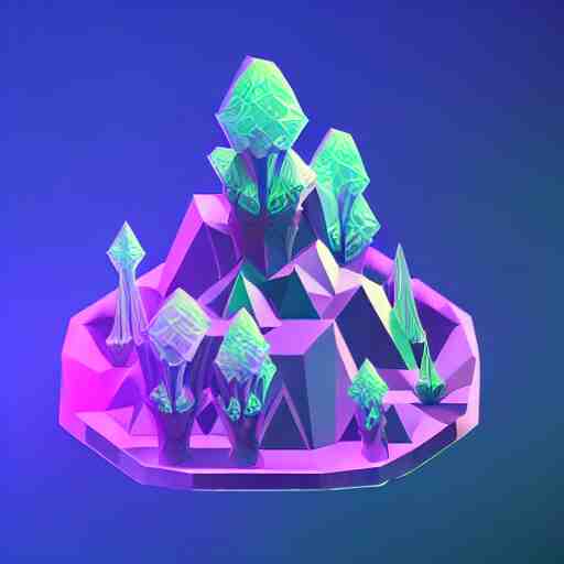 mobile game asset, isometric staircase, crystals, organic low poly design, bioluminescent alien - like plants inspired by the pandora aesthetic avatar's alien nature. we can see alien plants glowing in the dark arround the isometric itens in dark place cyan, orange smooth glow night photoshop filter low poly behance hd 