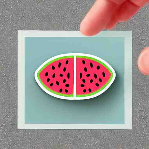 hand holding cartoon diecut sticker of cute kawaii watermellon slice with white border and light gray background