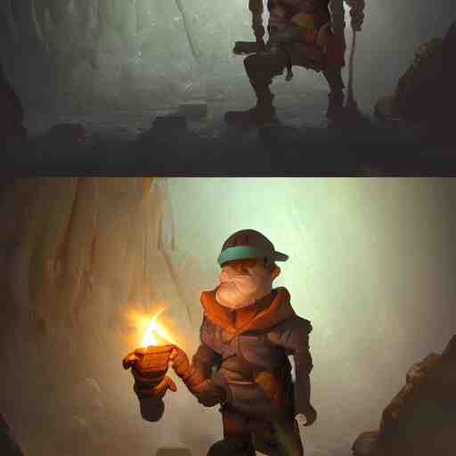 deep underground, an explorer holding up a torch finds a cursed gem. , concept art, trending on artstation 3D.