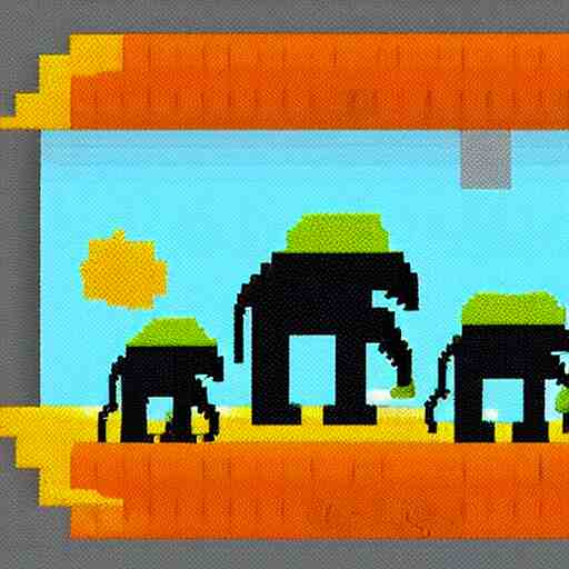 pixel art of elephants walking in the sahara desert 