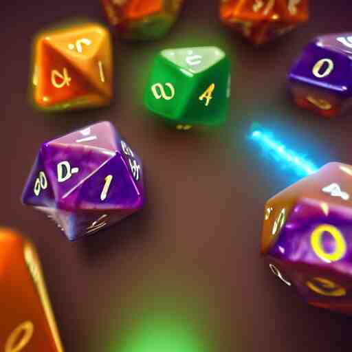 rol game players throwing d 2 0 dice. unreal engine 5. octane render. vray. arnold. maya. 1 8 mm lens. low angle, wide lens. trending on artstation. vegas. depth of field. colorful. d & d. 