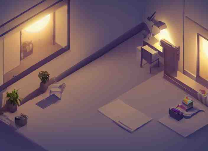 isometric view of a dimly lit room, a 3 d render by paul kelpe, cgsociety contest winner, volumetric lighting, cinematic lighting, isometric 