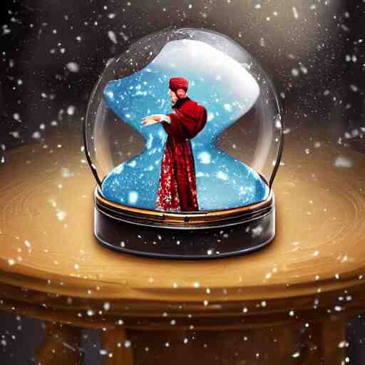 whirling dervishes inside a snow globe on a table, digital art, artstation, highly detailed 