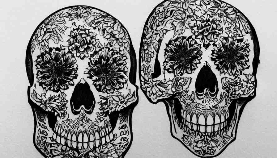 highly detailed skull, Japanese ornament, tattoo ink sketch, isolated on white background