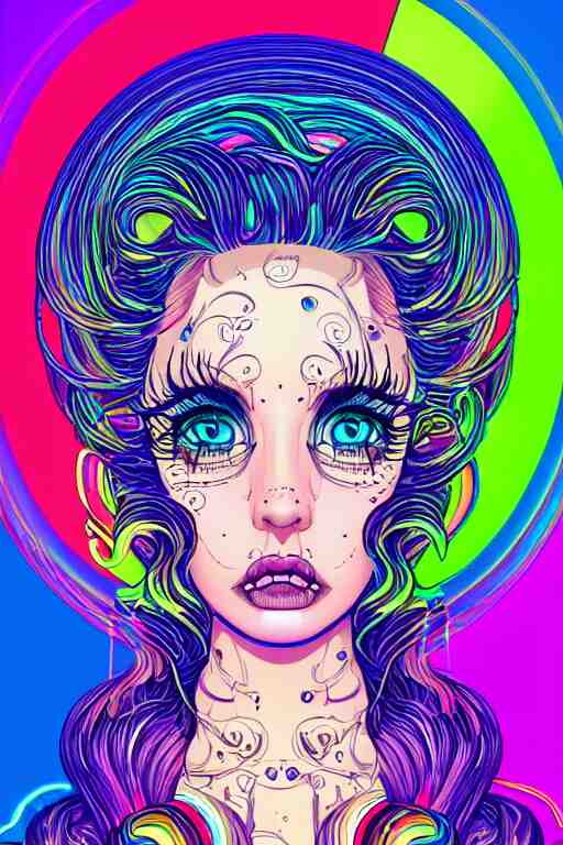 a award winning portrait of a beautiful woman with stunning eyes in a one off shoulder croptop and cargo pants with rainbow colored hair, outlined by whirling illuminated neon lines and fine lines swirling in circles by joe fenton, digital art, trending on artstation 