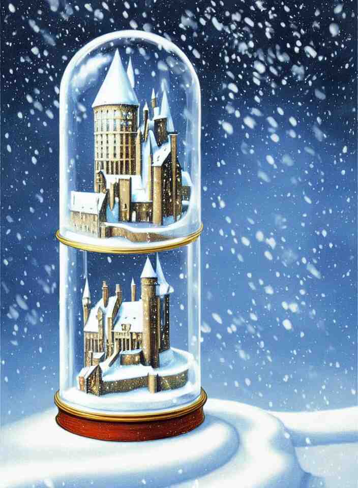 an achingly beautiful print of one snow globe with hogwarts inside by raphael, hopper, and rene magritte. detailed, proportional, romantic, vibrant, enchanting, trending on artstation 