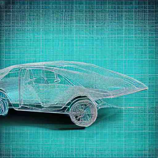 turquoise water covers a transparent car wireframe, digital art 