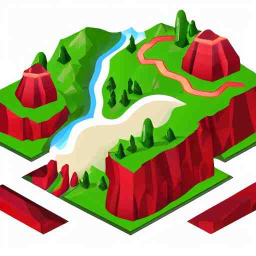 isometric view of a mountain with red gems as resources, svg