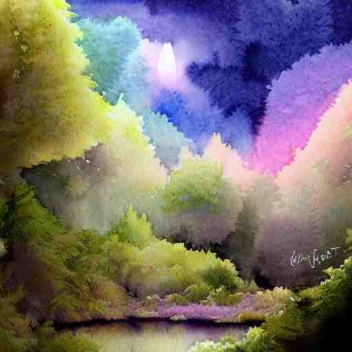 beautiful lush imposing natural scene on another planet. different than earth but beautiful. lightfall. beautiful detailed artistic watercolor. trending on artstation and deviantart. 