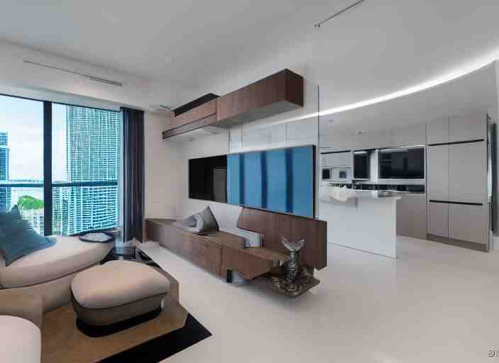 8 k photograph of stunning 2 0 2 2 stylish miami studio apartment interior, award winning modern design, gorgeous, high end, expensive, designed by koichi futatsumata 