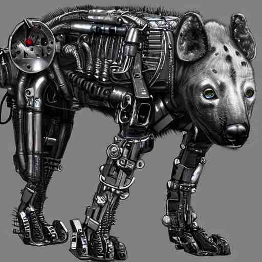 cybernetic hyena, bladerunner style, cyborg with lots of metal and wires, realistic highly detailed concept art 