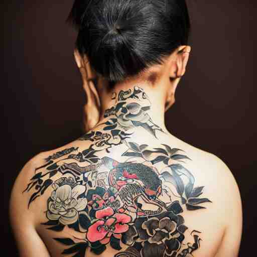 photography of the back of a woman with an detailed irezumi tatto representing a tiger with flowers, mid-shot, editorial photography