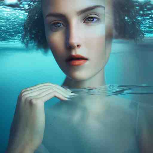 alluring portrait woman made of glass emerging out of the ocean at sunset, realistic reflections, translucency, ray tracing, 3 - d render, intricate details, masterpiece, surreal, style of jovana rikalo 