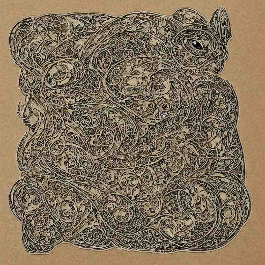 vintage art nouveau style sticker, cat as a cyborg, detailed filigree fretwork lacework