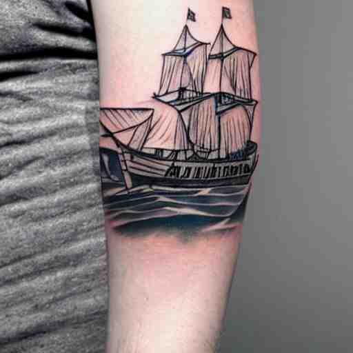 a pirate ship sailing in the sea, realism tattoo design with amazing shades, clean white paper background, in the style of david vega