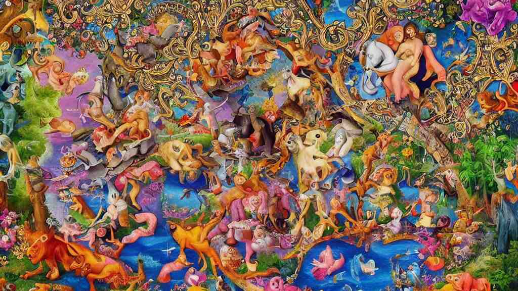 an incredibly detailed masterpiece collaborative painting by bosch and lisa frank, ornate, detailed, high resolution, wow!, intricate