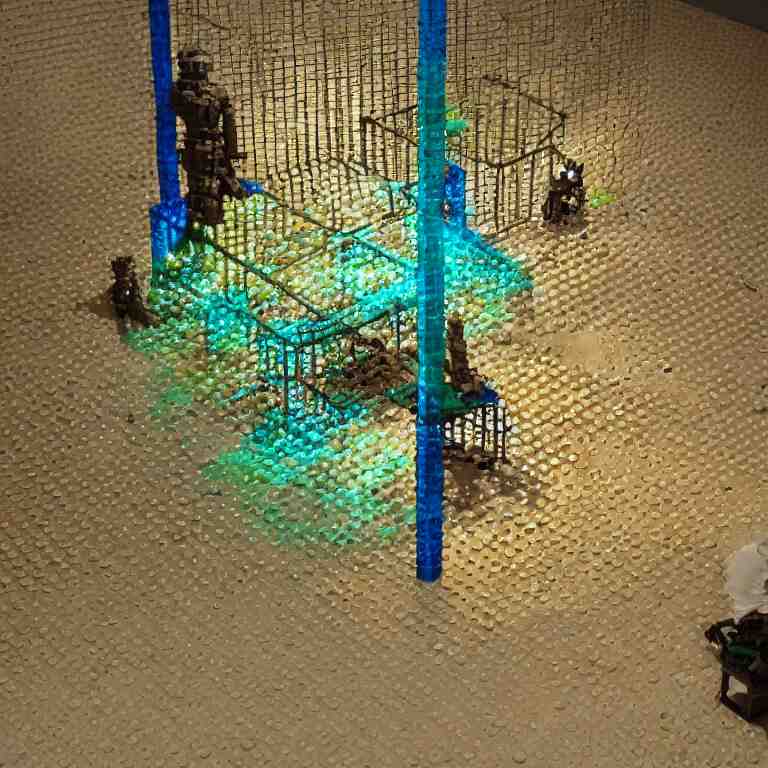 hyperrealistic sculpture of a bronze fossilized ancient lego mindstorms archelon dusted with saffron and deep blue and grass green spraypaint and beeswax in a grid cage on a pedestal by ron mueck and duane hanson and lee bontecou, hyperrealistic dramatic colored lighting trending on artstation 8 k 