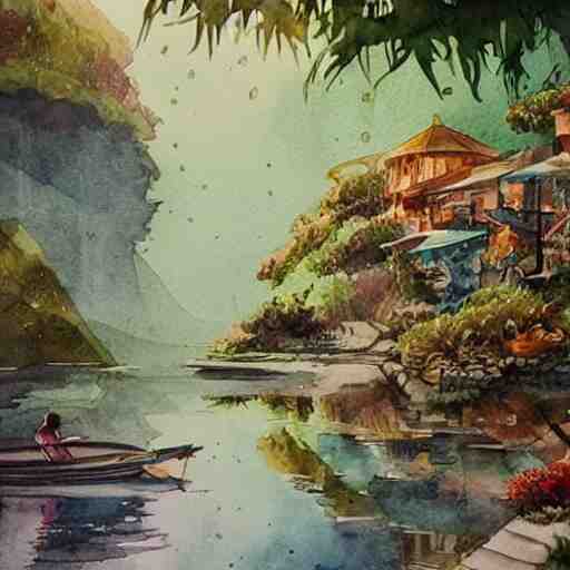 Beautiful happy picturesque charming sci-fi town in harmony with nature. Beautiful light. Water and plants. Nice colour scheme, soft warm colour. Beautiful detailed artistic watercolor by Vincent. (2022)