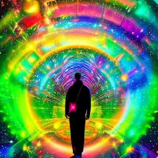 A man's soul becoming one with the galaxy by lisa frank, space, vibrant, colorful, digital art, peaceful, dmt, psychedelic,