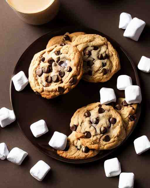 plate full of several freshly baked chocolate chip cookies, delicious, glistening, chocolate sauce, marshmallows, highly detailed, award winning photography octane render 