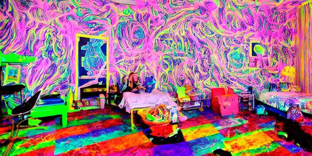 a cluttered psychedelic 90s room with a blacklight and glowing furniture