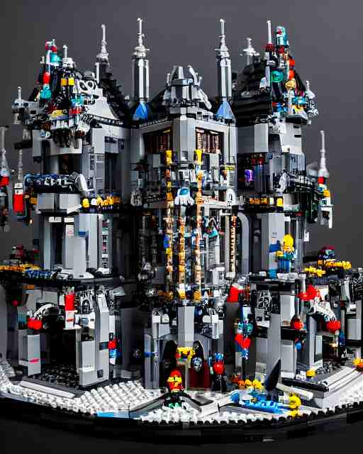 a high quality photograph of an intricate complex lego set of a realistic cyberpunk castle