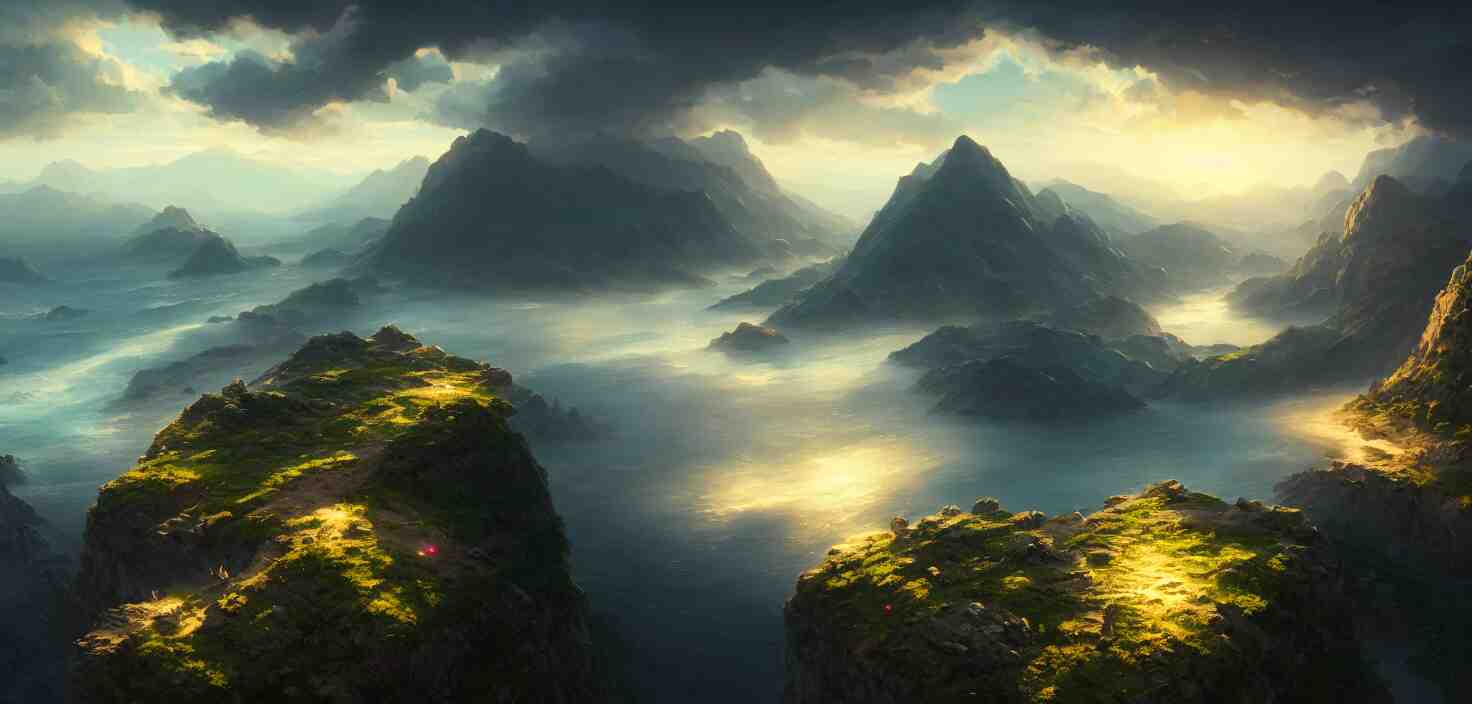 nature landscape, aerial view, drone photography, cinematic, mountains and ocean, cinematic view, epic sky, detailed, concept art, high detail, warm lighting, volumetric, godrays, vivid, beautiful, trending on artstation, by jordan grimmer, art greg rutkowski 