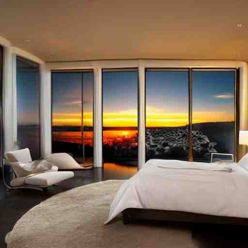 a futuristic furnished bedroom with a large window at sunset, godrays, luxury white bed, warm lighting