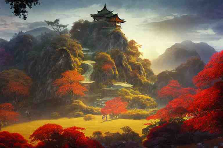 A large glowing Chinese temple, daybreak morning lighting, amazing cinematic concept painting,  by Jessica Rossier, Gleaming White, overlooking a valley, Himeji Rivendell Garden of Eden, autumn maples, wildflowers and grasses, terraced orchards and ponds, lush fertile fecund, fruit trees, by Brian Froud by Beksinski