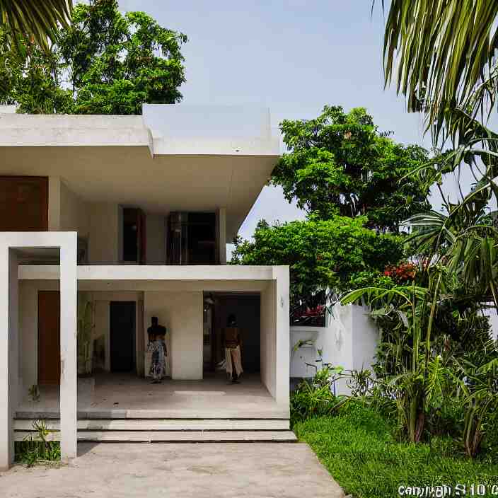 wide angle exterior shot of an modernist town house on a quiet street in lagos, tropical african architecture with sun shading and pergolas, contemporary architecture, cosmopolitan design, architectural magazine feature, architectural photography, canon eos r 3, telephoto lens, sigma 5 0 0 mm f / 5, iso 2 0 0, 1 / 1 6 0 s, 8 k, raw, unedited, in - frame 