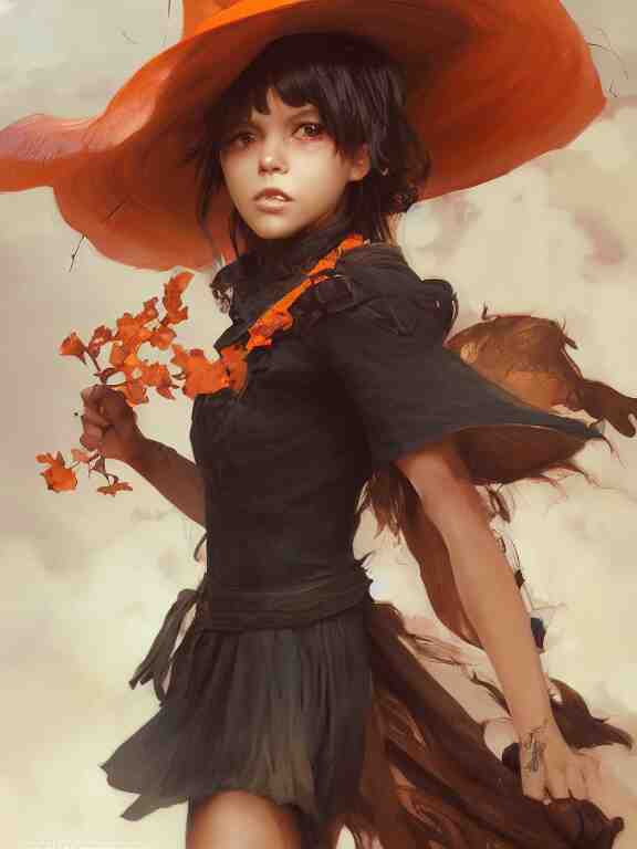 Full shot of a cute mischievous young witch about to get up to some trouble. Latin American fashion. Black and Orange palette. Latina girl. brown skin. By Ruan Jia and Artgerm and Range Murata and WLOP. Key Art. Fantasy Illustration. award winning, Artstation, intricate details, realistic, Hyperdetailed, 8k resolution.