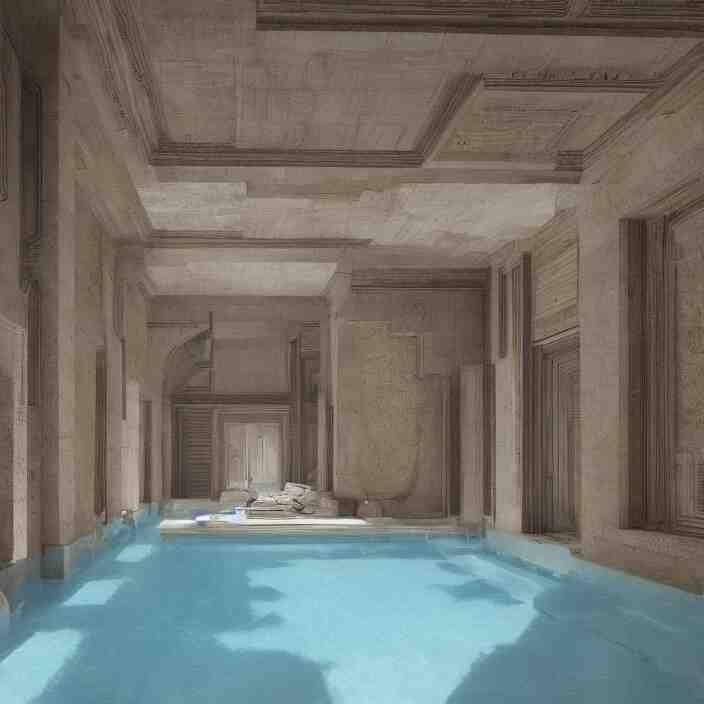 a room with a pool in the middle of it, a digital rendering by ricardo bofill, featured on cg society, hypermodernism, vray tracing, rendered in unreal engine, liminal space 