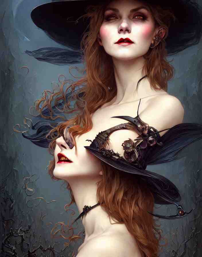 halloween witch woman in a hat smiles, fantasy magic, undercut hairstyle, dark light night, intricate, elegant, sharp focus, illustration, highly detailed, digital painting, concept art, matte, art by wlop and artgerm and greg rutkowski and alphonse mucha, masterpiece 