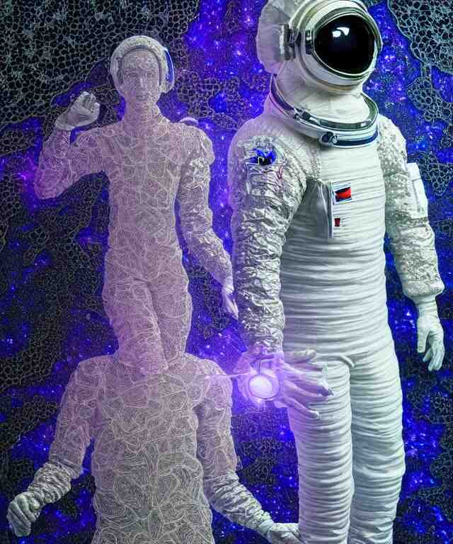 realistic extremely detailed  photo style  painting of a complete astronaut suit with exposed diamond 3d fractal lace iridescent bubble 3d skin clear brain+ one hand holding a glowing sparkle plasma spear and multiple chest  arm and legs chelate appendages and in a jumping float Pose
inside a  room made of black diamond iridescent fractal lace bubble materials,
monolithic retro futuristic ,water , by style hybrid mix of beeple+Anton Pieck+Jean Delville+ Amano,Yves Tanguy+ Alphonse Mucha+ Ernst Haeckel+ Edward Robert Hughes+Stanisław Szukalski , 
rich moody colors,diamond dust glitter and sparkles, holographic krypton ion,blue eyes,octane render,4k,
f32,55mm photography,wide angle ,jumping float Pose,full shot,full grok  