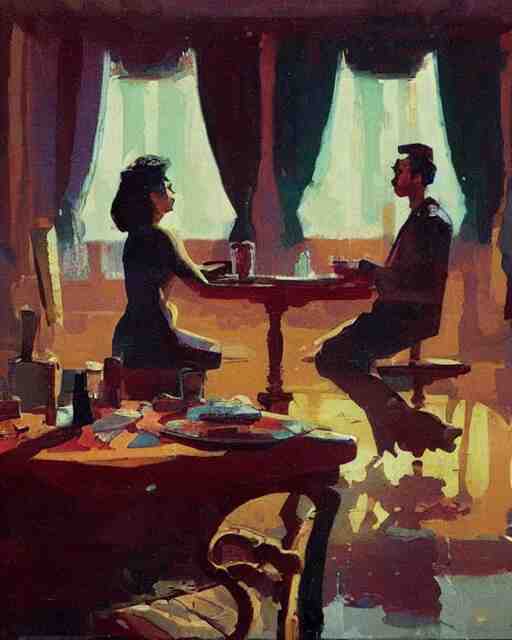 a man and a woman sitting at a table, a screenshot roman muradov and paul lehr and dan mumford, trending on pinterest, barbizon school, movie still, hall of mirrors, filmic 