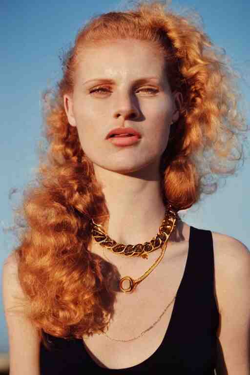 vintage photograph of an olive skinned female model with strawberry blonde hair in her twenties, her hair pinned up, wearing a designer top and one gold standard chain necklace, looking content, focused on her neck, photo realistic, extreme detail skin, natural beauty, no filter, slr, golden hour, 4 k, high definition, selfie 