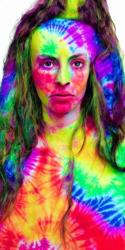 a beautiful woman model dressed in a tie - dye dress, studio photo, hyperrealistic 