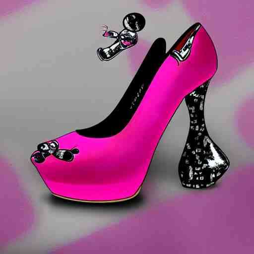 pink suede pumps shoes with slim heels and pointed toes with a happy mickey mouse printed on it, photorealistic, transluscent, glass, beautiful, architecture, product design, clean, highly detailed, 8 k, ornate detail 