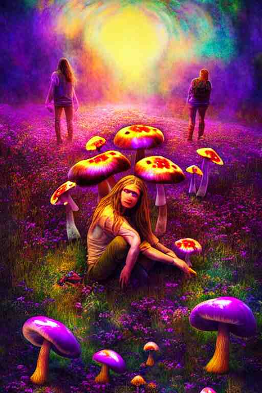 hyperrealistic portrait of melting hippies - epic cinematic mushrooms with psychedelic field of flowers, highly detailed smooth digital art masterpiece, pablo amaringo dramatic low light, ground angle uhd 8 k, sharp focus 