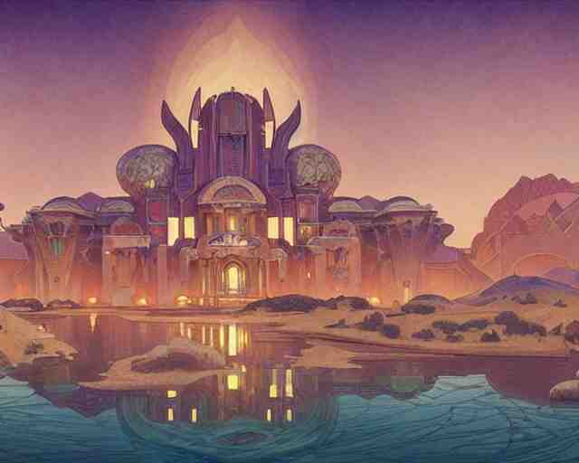 art deco palace in the desert, fantasy, intricate, elegant, highly detailed, digital painting, artstation, concept art, matte, sharp, illustration, hearthstone, art by artgerm and greg rutkowski and alphonse mucha 