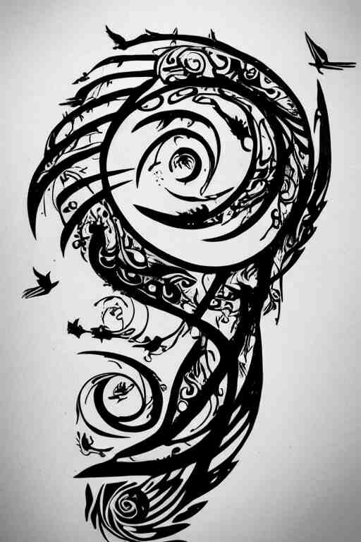 a simple tattoo design of birds flying in spirals, black ink, logo 