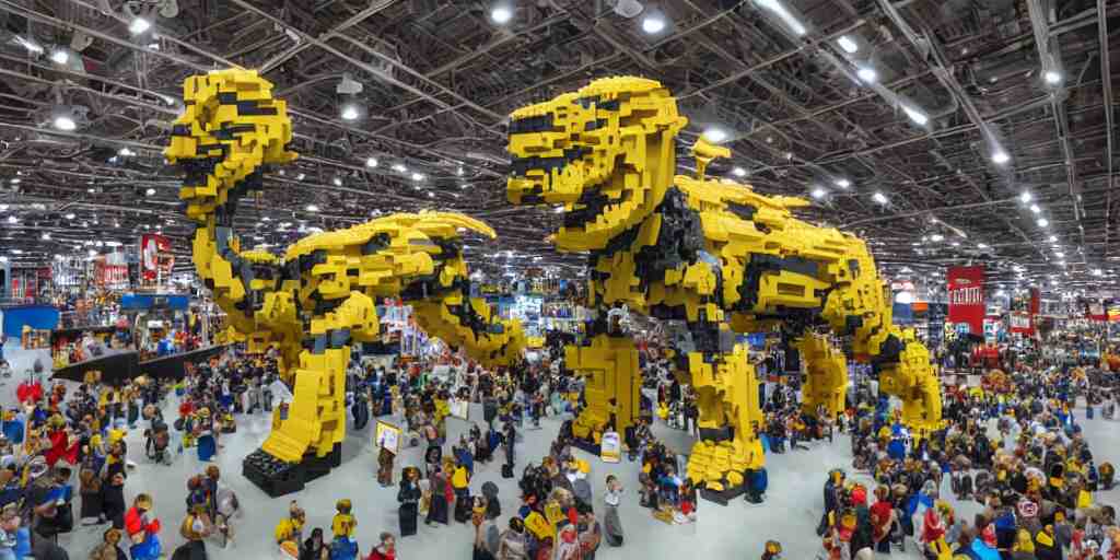 wide shot lens photo of a very intricately detailed and epically shaped 3. 5 meter long tifa lockhart lego sculpture designed by a master builder as displayed at a lego convention, low angle shot. 