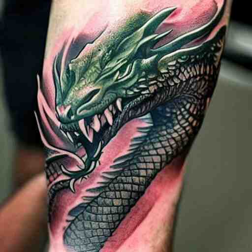 Arm tatoo of a dragon starting from the elbow, wrapping around the wrist in a downward spiral, emerald placed inside of the dragons mouth