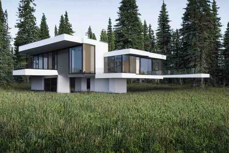 modern modern fachwerk house with in the forest on the foot of Elbrus mountain, architecture, 3d render 8k , high details