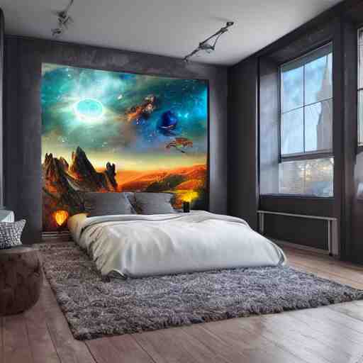 a cozy bedroom interior with wall murals of incredible fantasy space art, detailed, high resolution, wow!, intricate, volumetric lighting, raytracing 