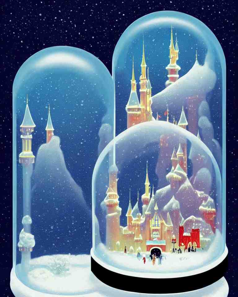 an achingly beautiful print of one cylindrical snow globe with disneyland inside by raphael, hopper, and rene magritte. detailed, proportional, romantic, vibrant, enchanting, trending on artstation 