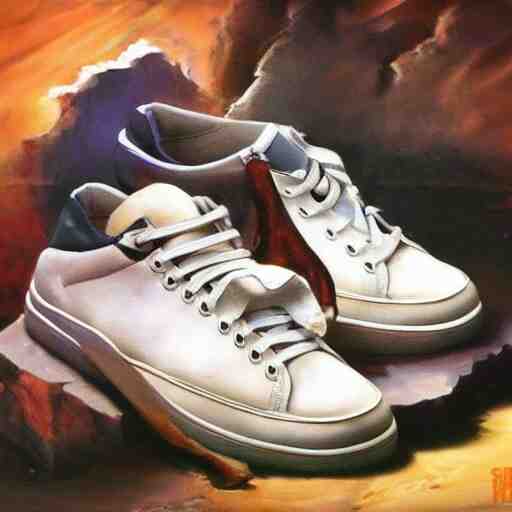 ultra realistic painting of sneakers, art by frank frazetta, 4 k, ultra realistic, highly detailed, epic lighting 